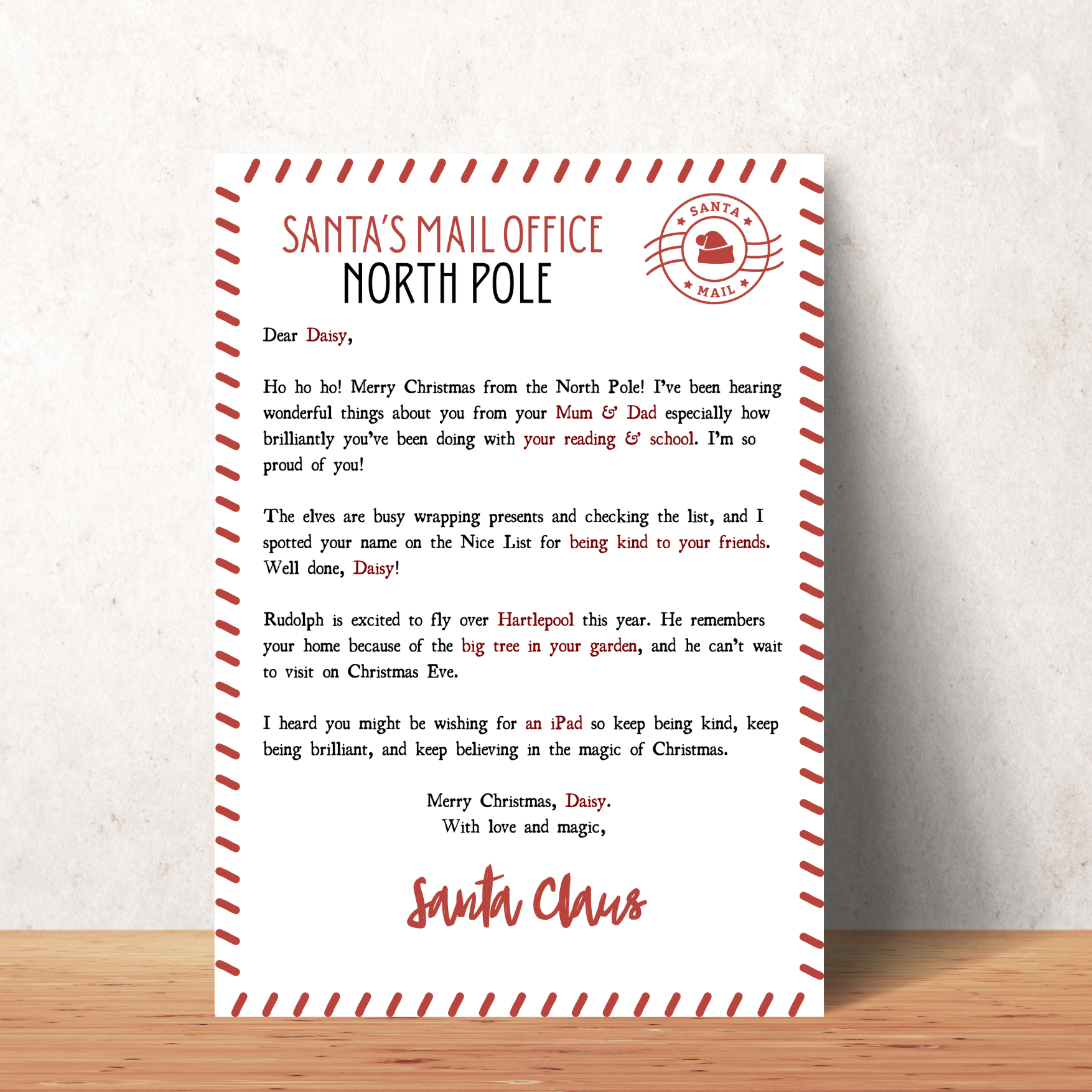 Custom Santa letter kit with Christmas envelope and printed letter