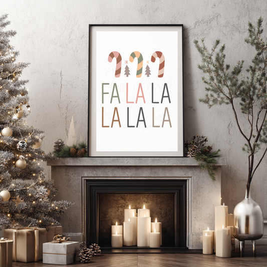Festive Christmas print with the words “Fa La La La La” surrounded by hand-drawn candy canes.
