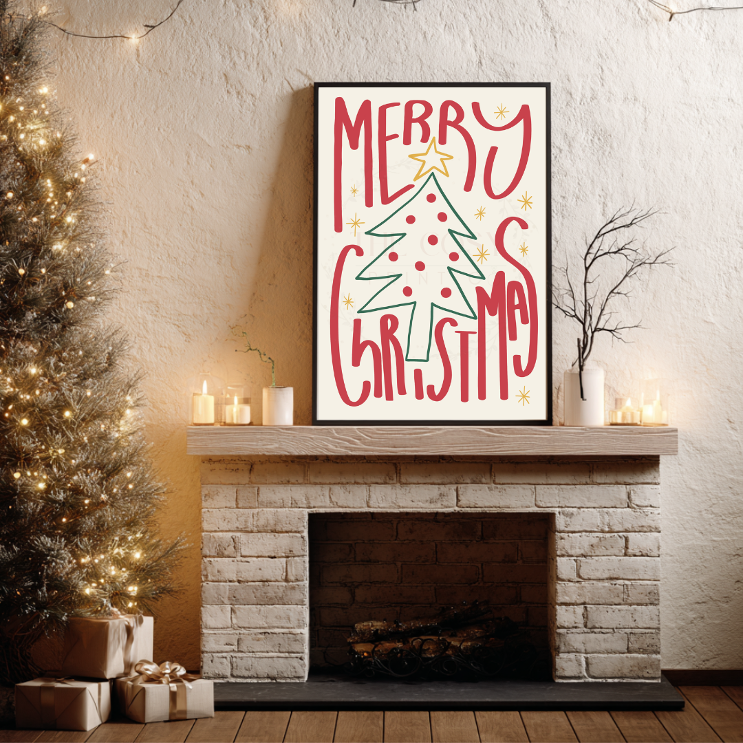 Fun Christmas print with bold hand-drawn text reading “Merry Christmas.”