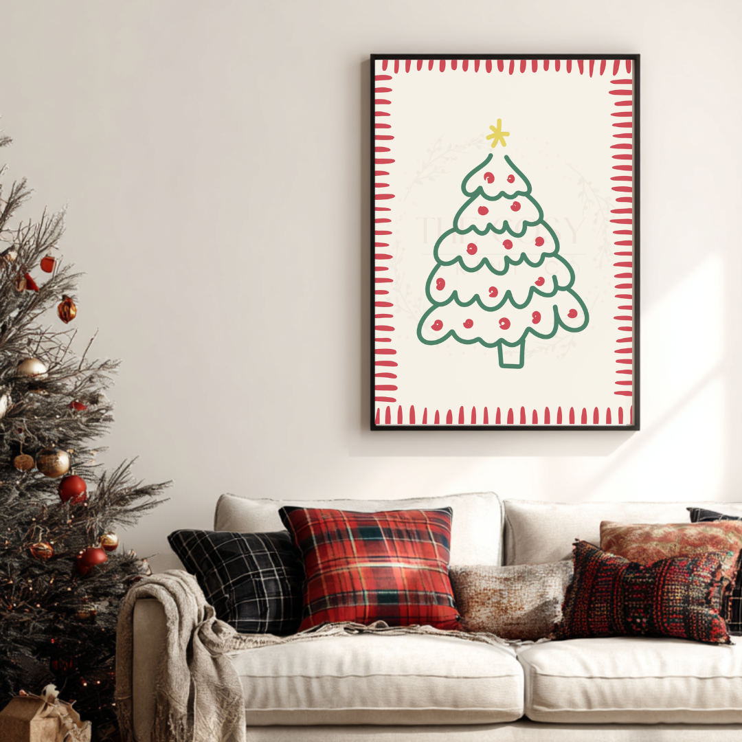 Fun hand-drawn Christmas tree print in traditional cream, red, and green.