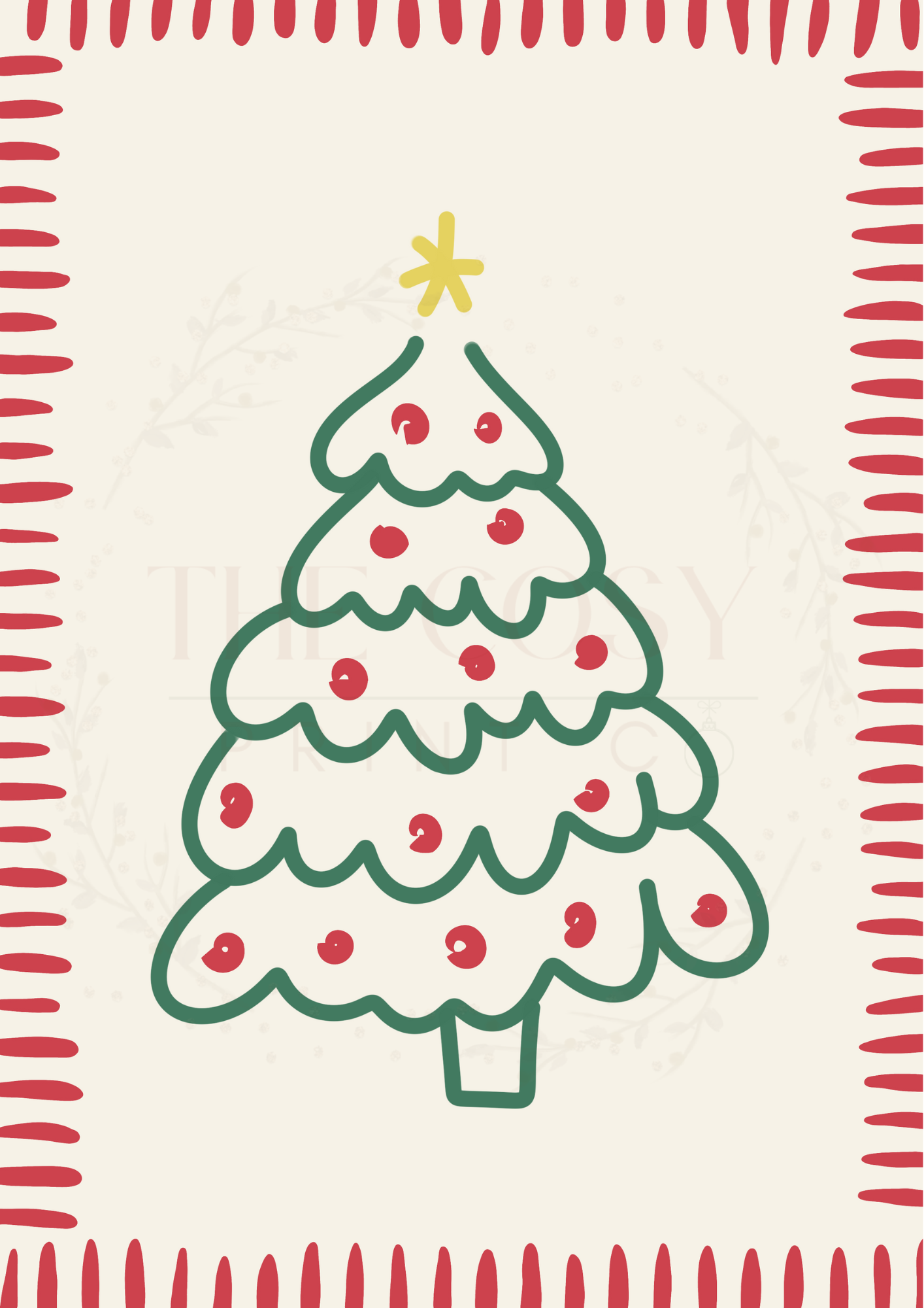 Fun hand-drawn Christmas tree print in traditional cream, red, and green.