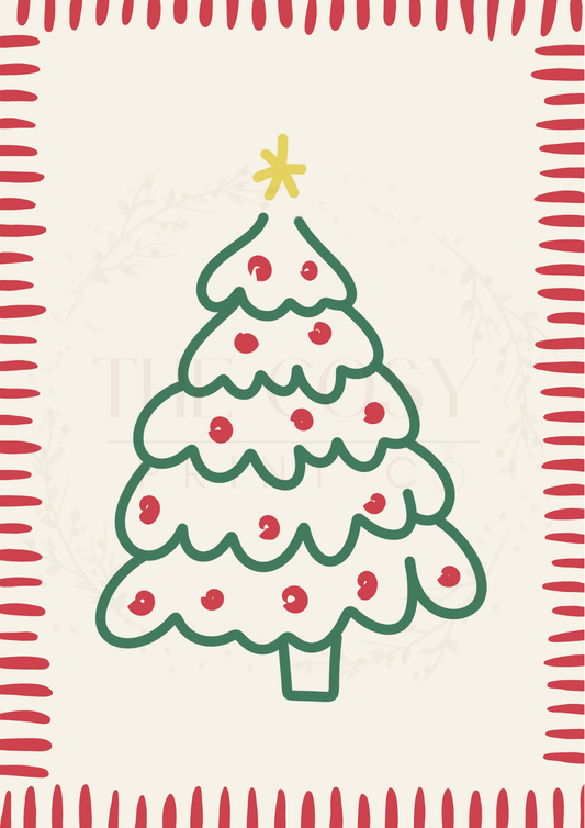 Fun hand-drawn Christmas tree print in traditional cream, red, and green.