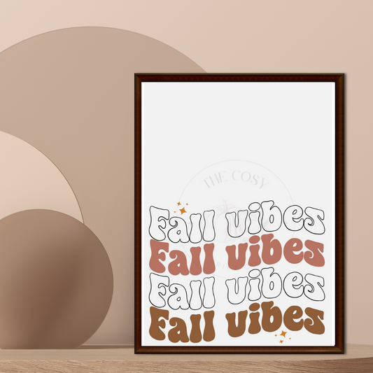 Funky autumn wall art print with the words Fall Vibes in cream, brown, and white tones – seasonal home décor artwork