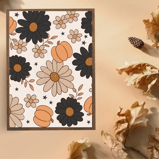 Funky pumpkin and flowers autumn wall art print in black and brown – bold seasonal home décor artwork