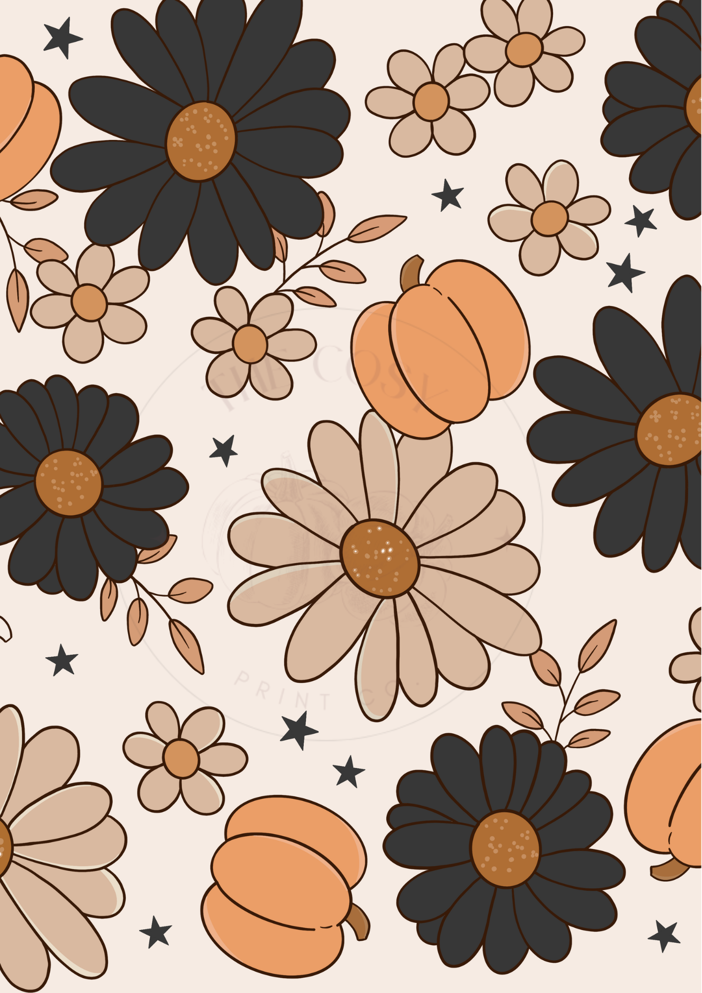 Funky pumpkin and flowers autumn wall art print in black and brown – bold seasonal home décor artwork