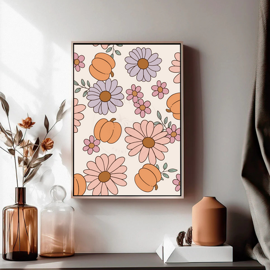 Funky pumpkin and flowers autumn wall art print in warm pinks and creams – playful seasonal home décor