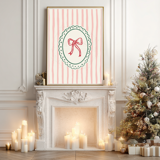 Hand-drawn Christmas bow in soft pinks and greens with stripes.