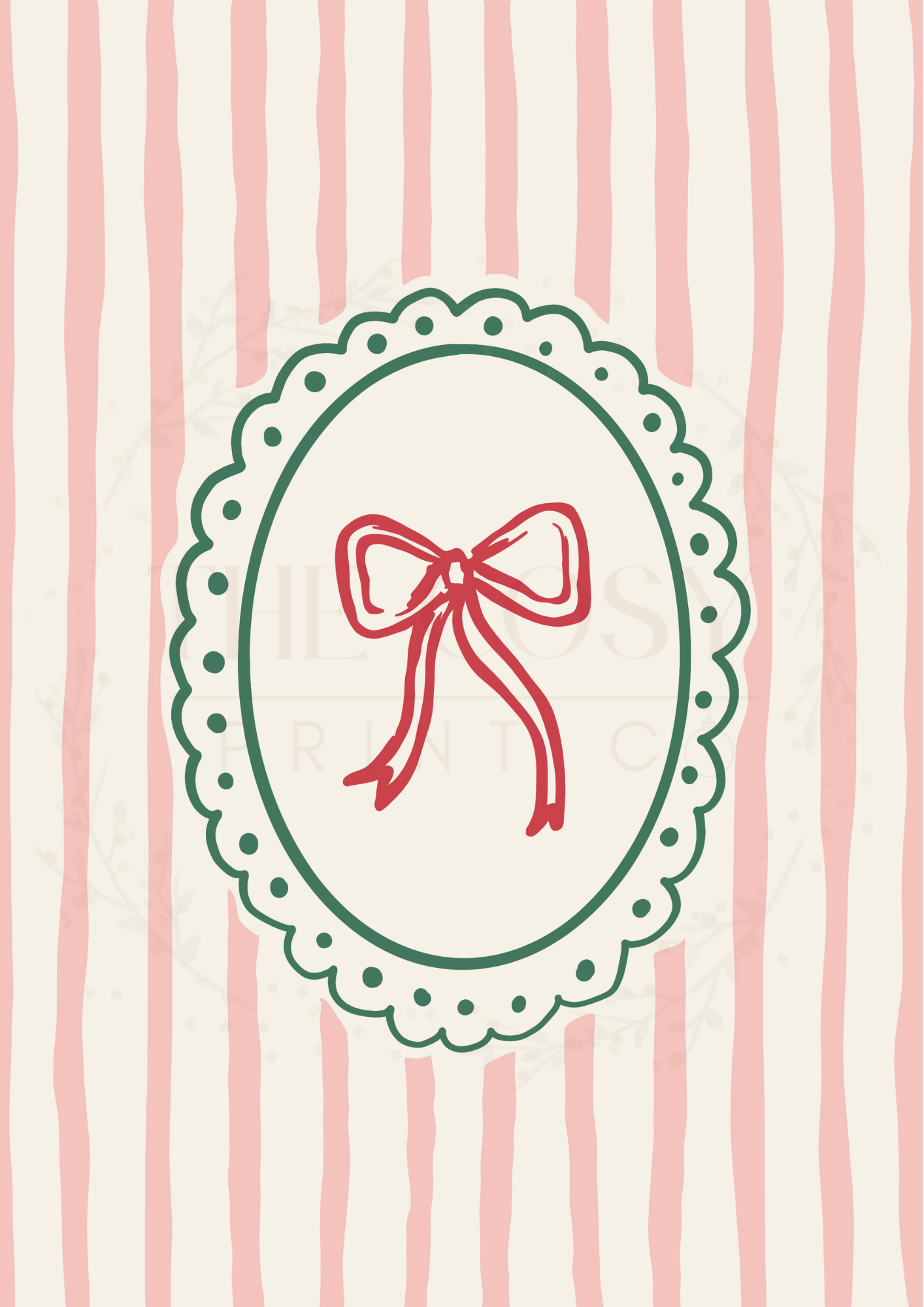 Hand-drawn Christmas bow in soft pinks and greens with stripes.