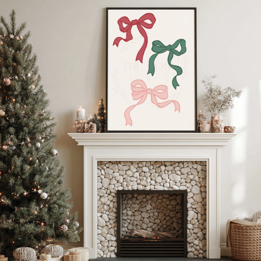 Hand-drawn Christmas bows in pink, green, and red.