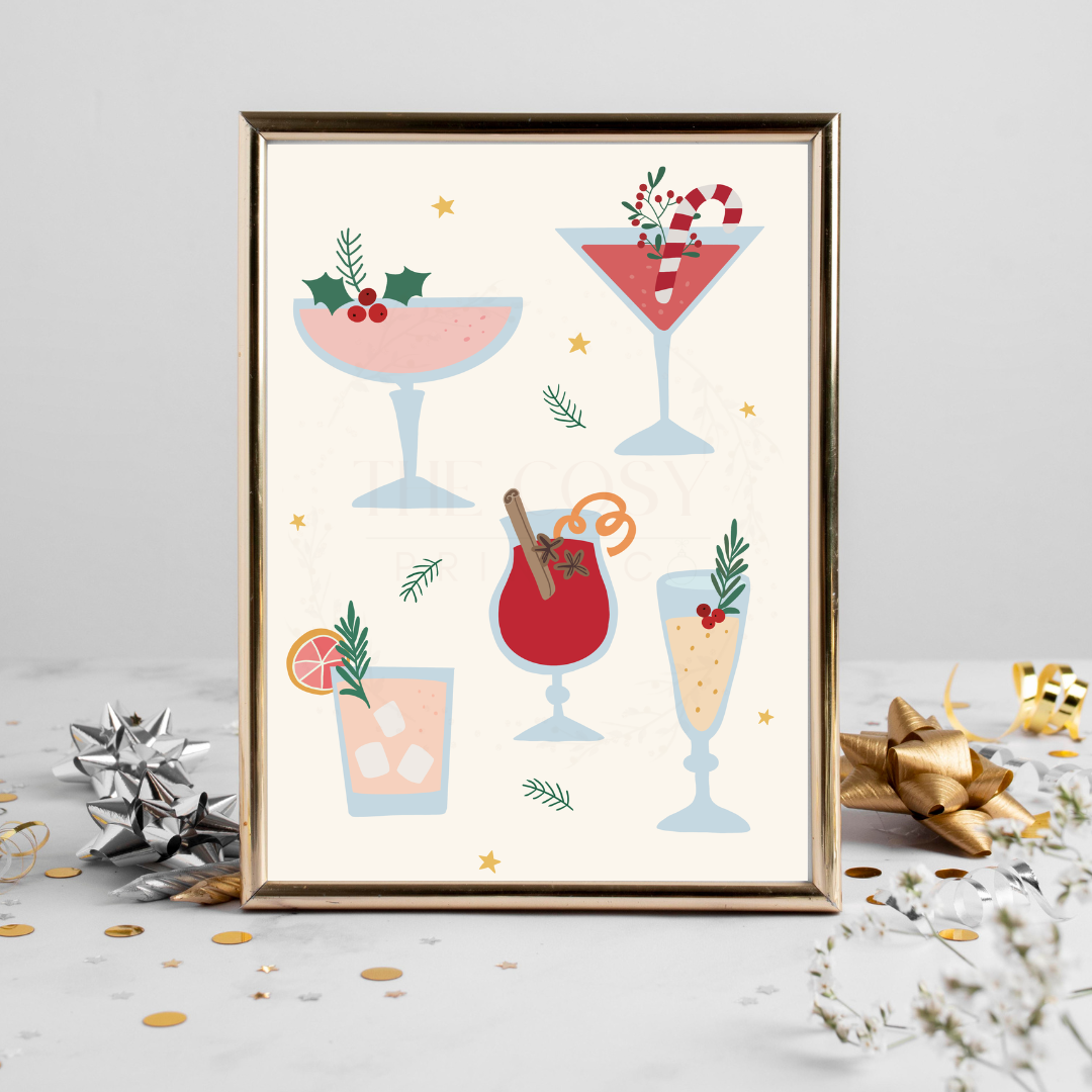 Hand-drawn Christmas cocktail print featuring colourful festive drinks on a bright background.