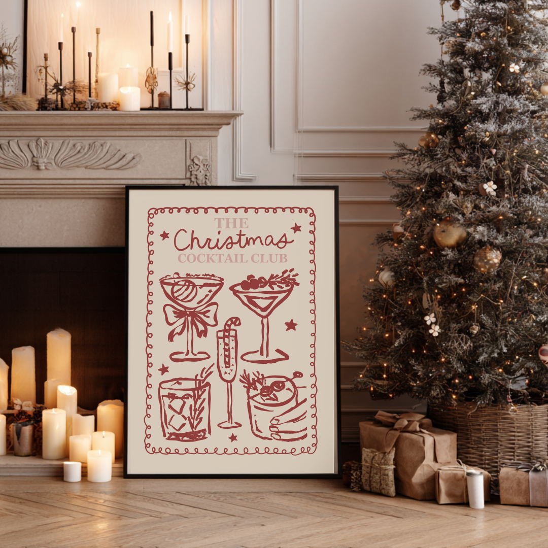 Hand-drawn Christmas cocktails in cream and red with text reading “Christmas Cocktail Club.”