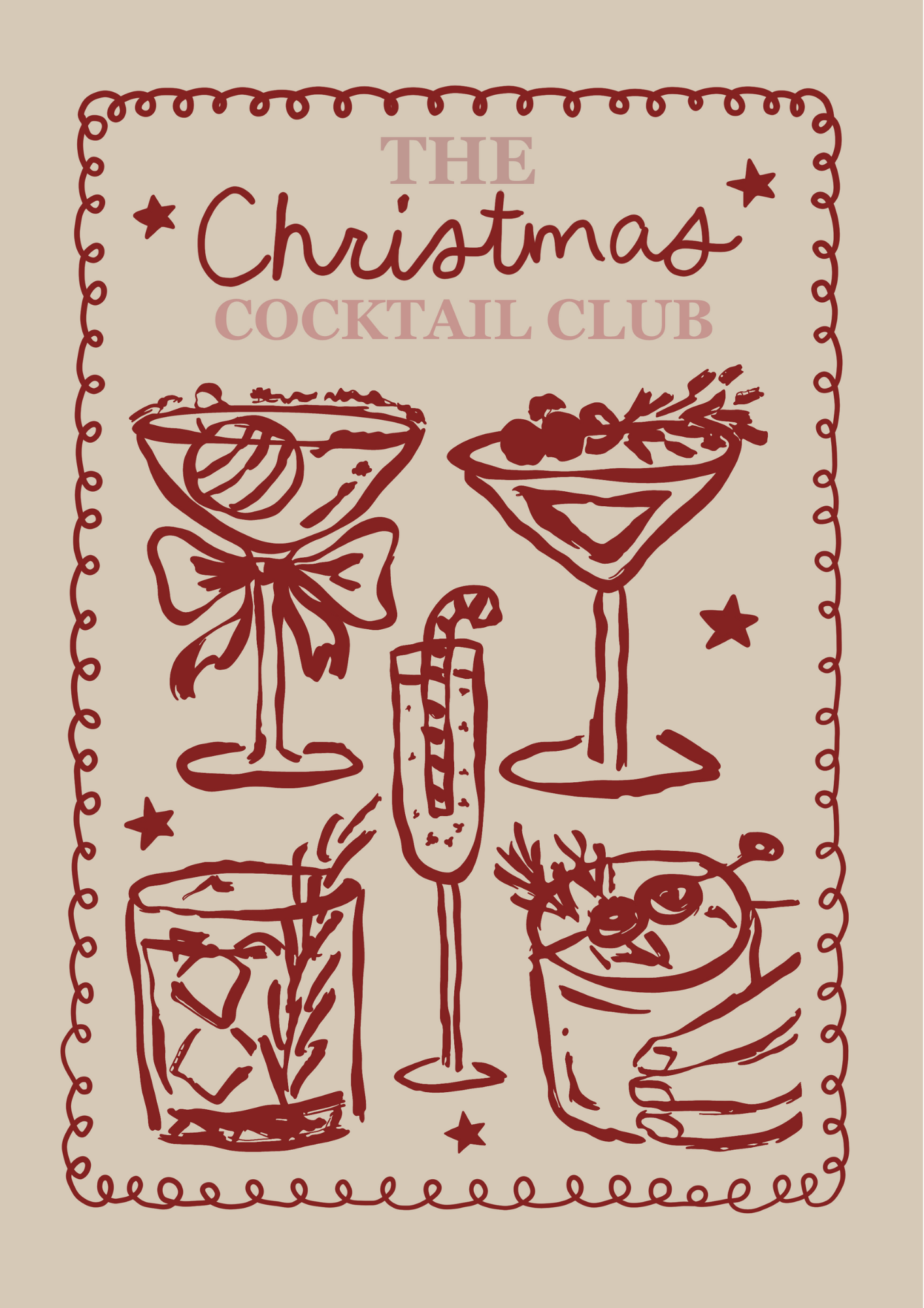 Hand-drawn Christmas cocktails in cream and red with text reading “Christmas Cocktail Club.”