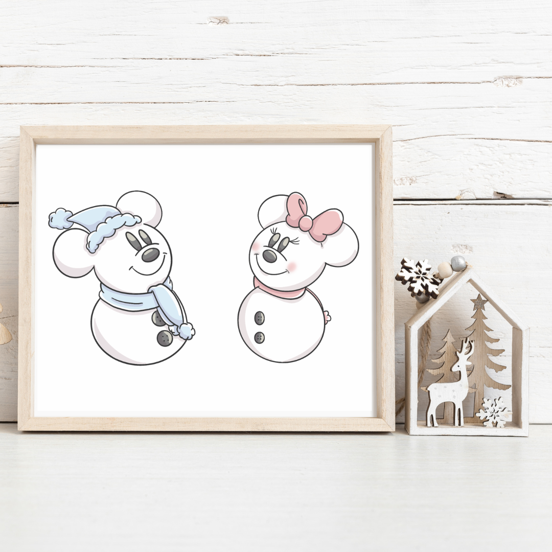 Hand-drawn Christmas print featuring snowmen characters named Mickey and Minnie.