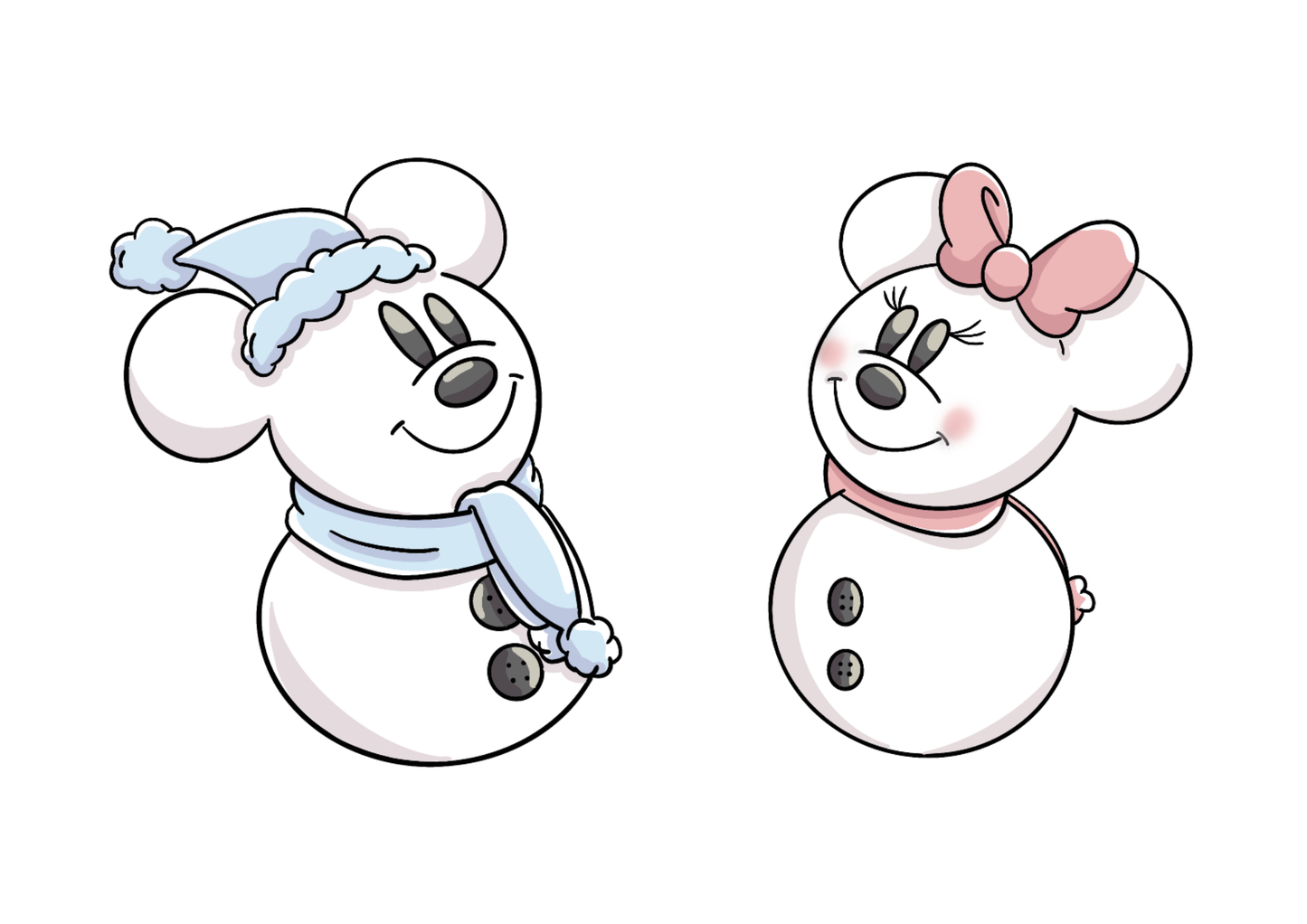 Hand-drawn Christmas print featuring snowmen characters named Mickey and Minnie.