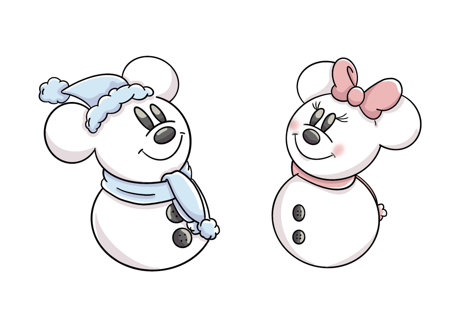 Hand-drawn Christmas print featuring snowmen characters named Mickey and Minnie.