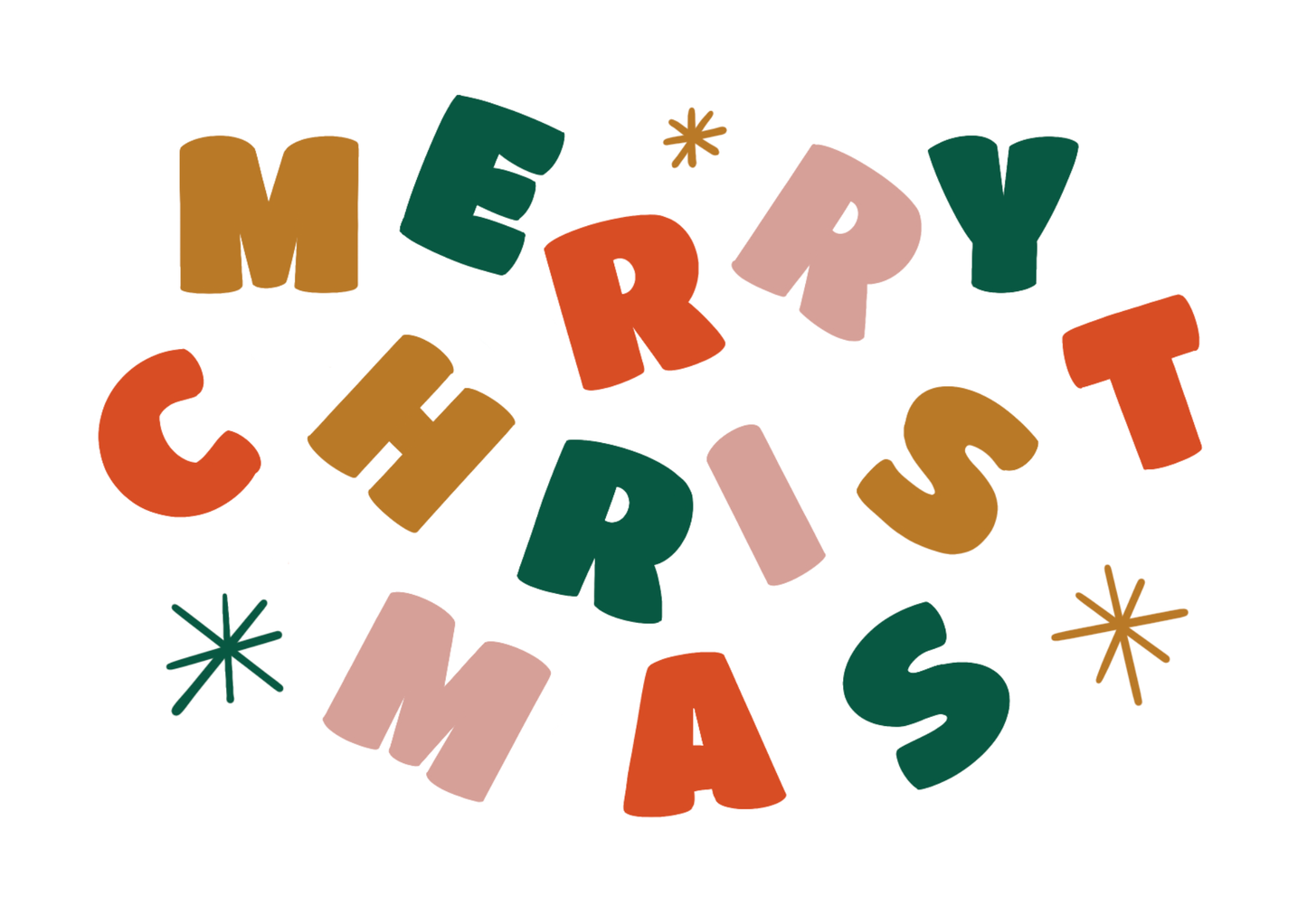 Hand-drawn Christmas print reading “Merry Christmas” in bold, colourful lettering.