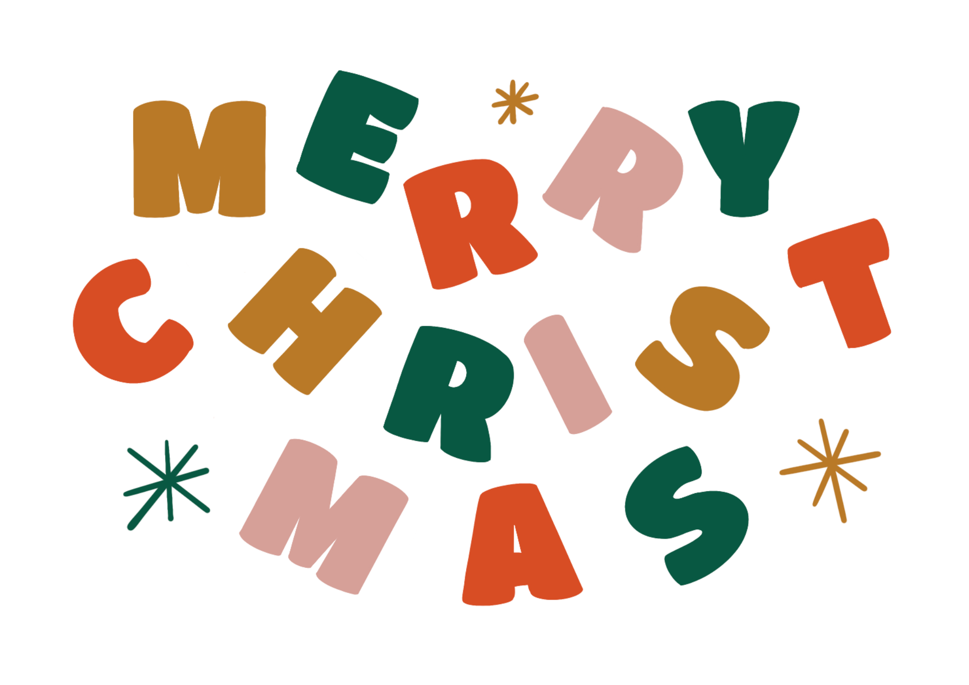 Hand-drawn Christmas print reading “Merry Christmas” in bold, colourful lettering.
