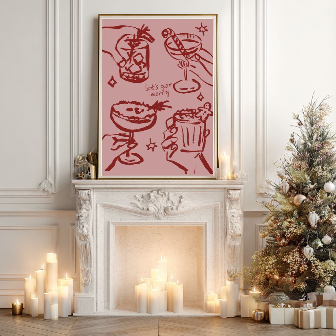 Hand-drawn Christmas print with cocktail glasses and text reading “Let’s Get Merry.”