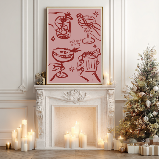 Hand-drawn Christmas print with cocktail glasses and text reading “Let’s Get Merry.”