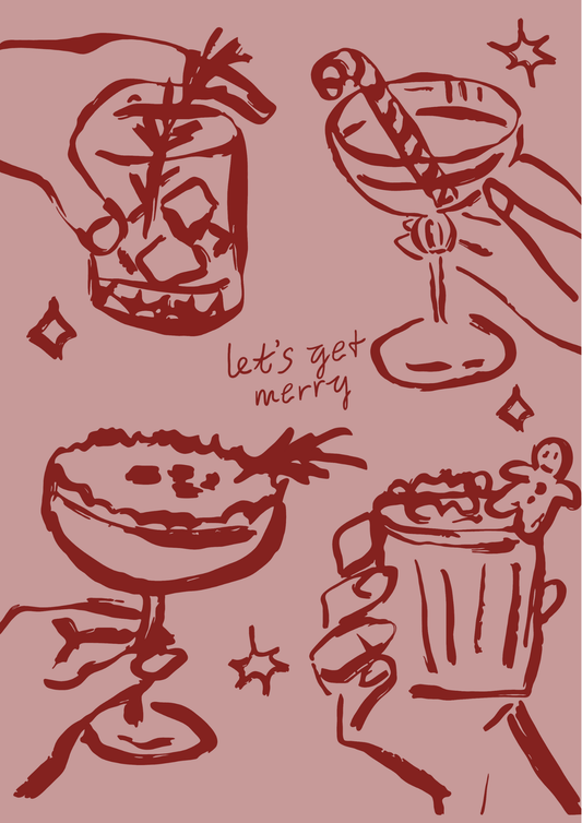 Hand-drawn Christmas print with cocktail glasses and text reading “Let’s Get Merry.”