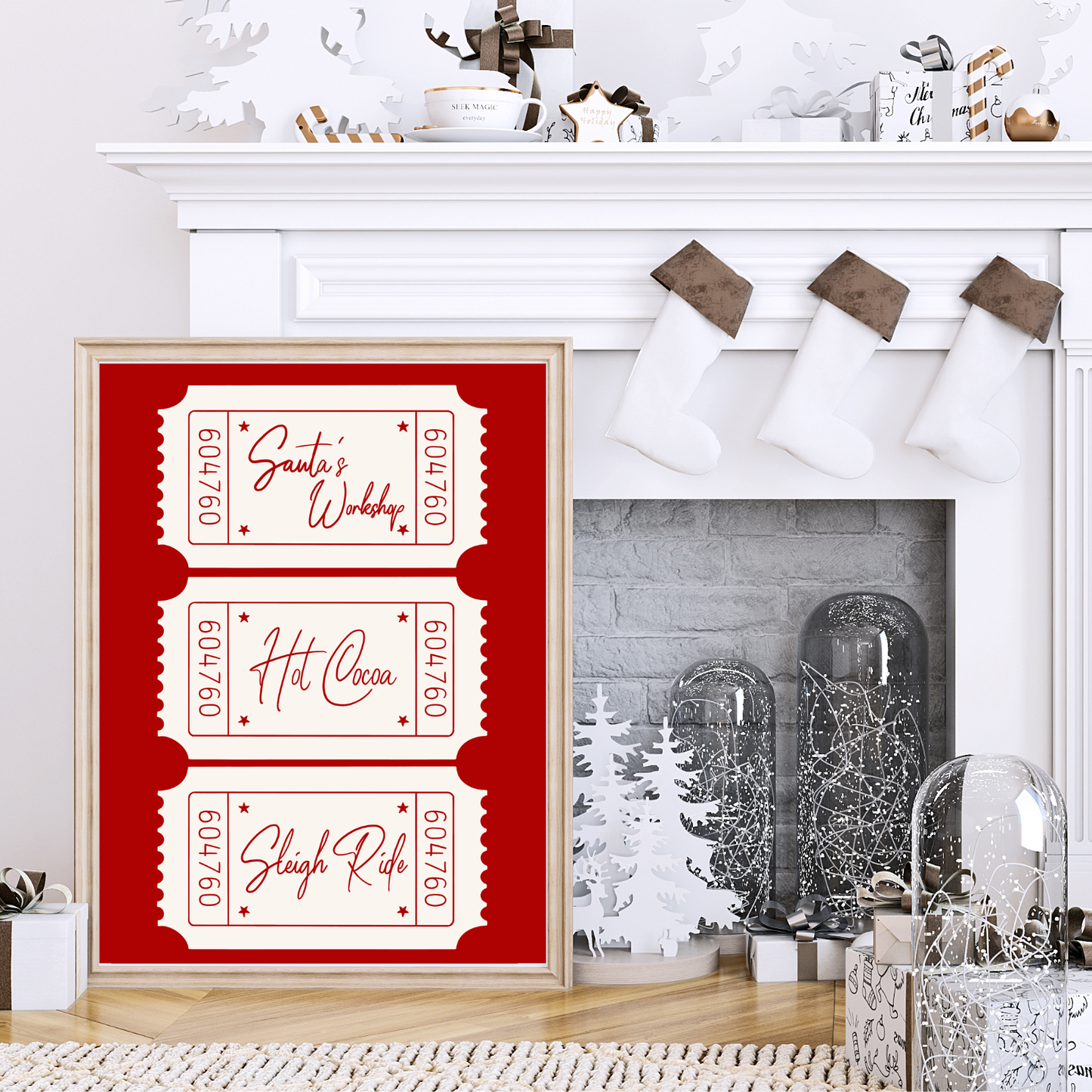 Hand-drawn Christmas print with three festive tickets: Santa’s Workshop, Hot Cocoa, and Sleigh Ride on premium ColourLok stock.