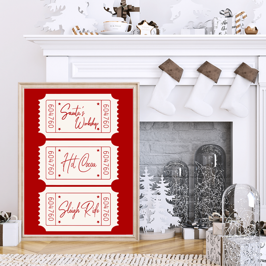 Hand-drawn Christmas print with three festive tickets: Santa’s Workshop, Hot Cocoa, and Sleigh Ride on premium ColourLok stock.