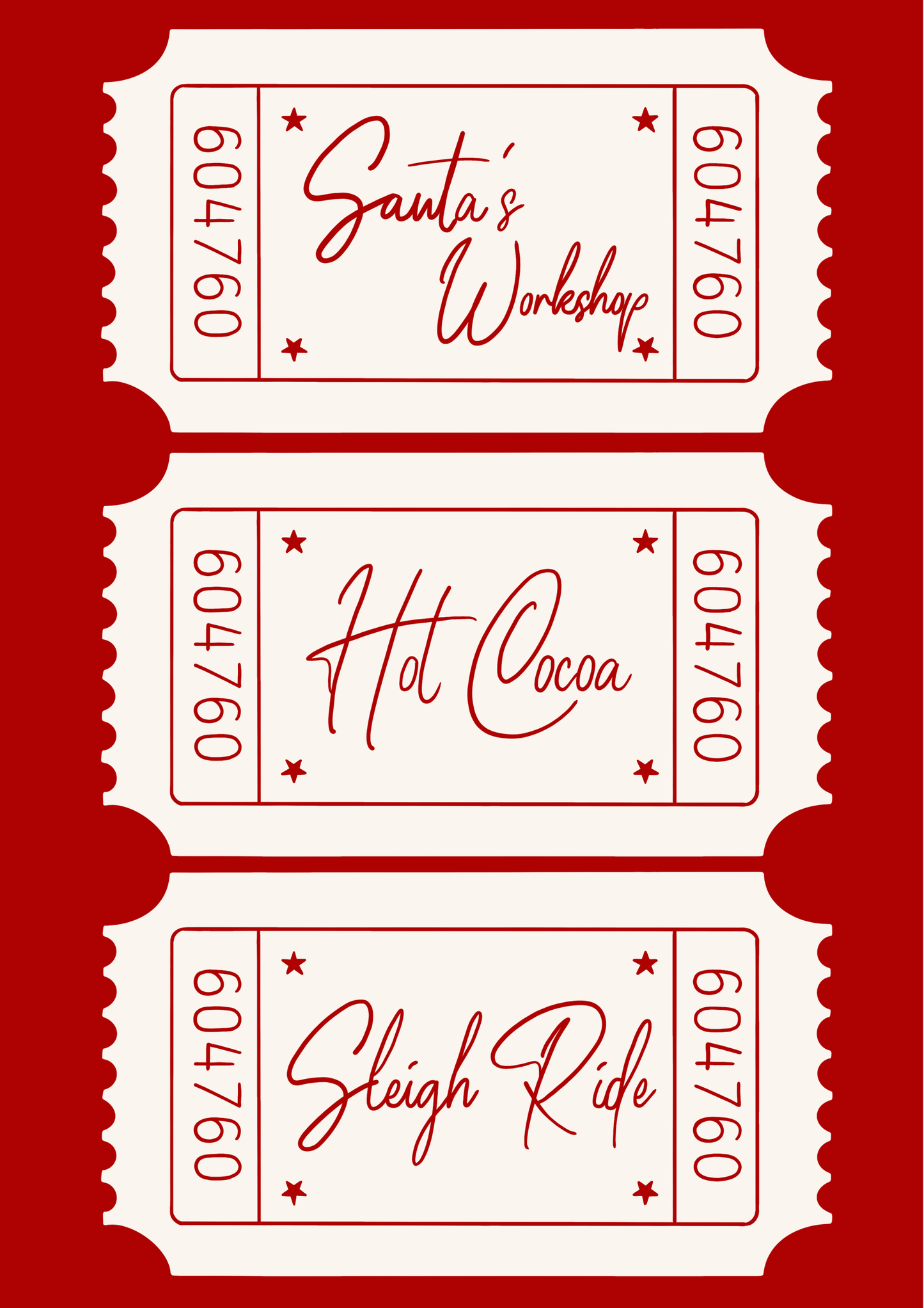 Hand-drawn Christmas print with three festive tickets: Santa’s Workshop, Hot Cocoa, and Sleigh Ride on premium ColourLok stock.