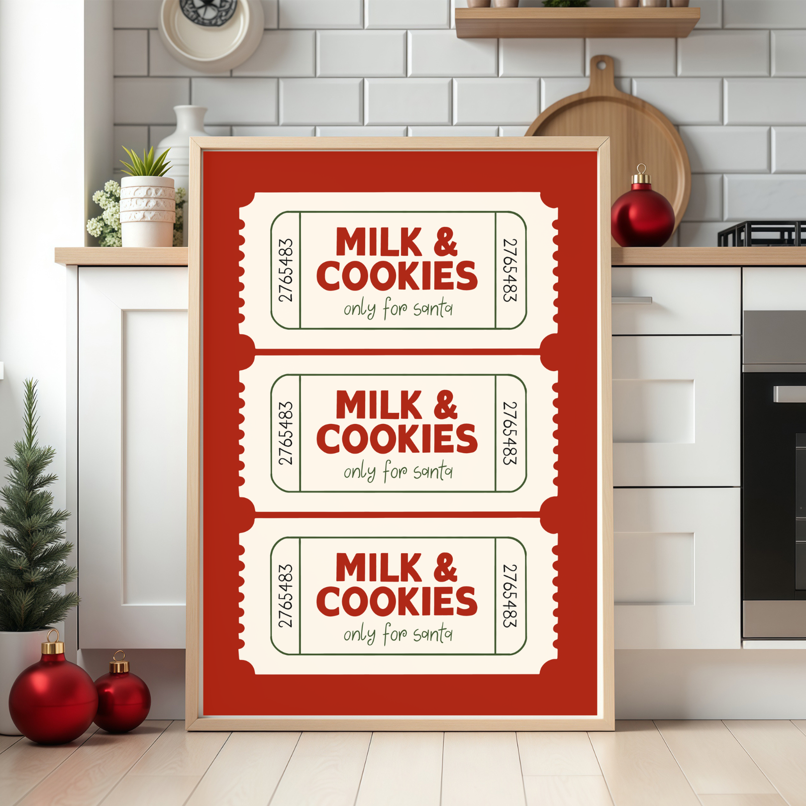 Hand-drawn Christmas print with two festive tickets reading Milk and Cookies on premium ColourLok stock.