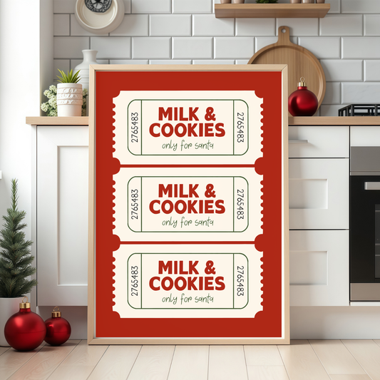 Hand-drawn Christmas print with two festive tickets reading Milk and Cookies on premium ColourLok stock.