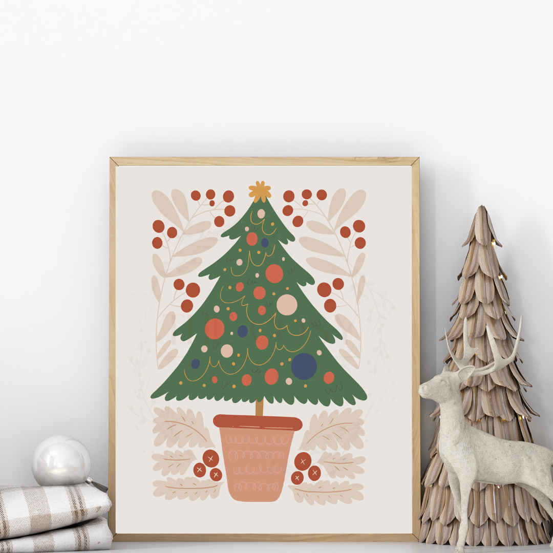 Hand-drawn Christmas tree print in cream and green tones with a minimal festive design.