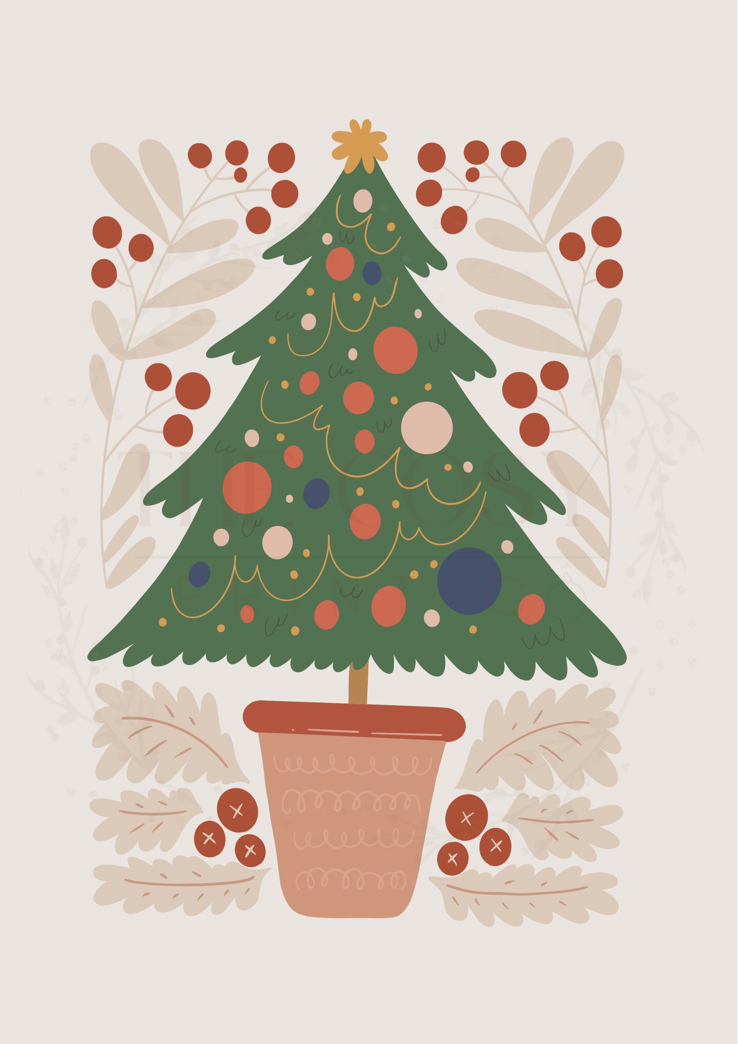 Hand-drawn Christmas tree print in cream and green tones with a minimal festive design.