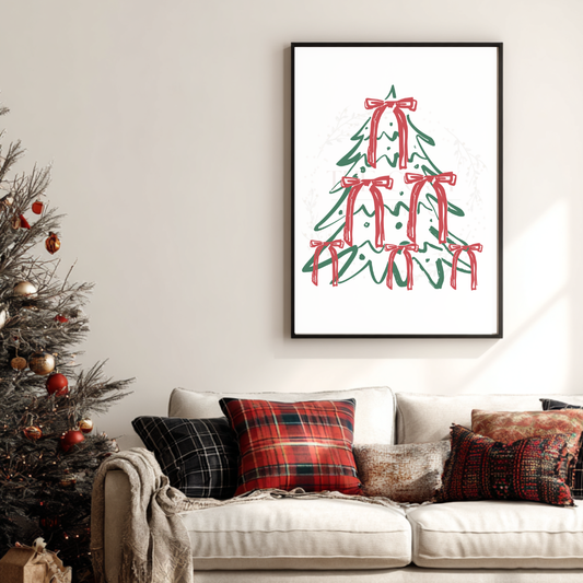 Hand-drawn Christmas tree print in greens and reds with bows.
