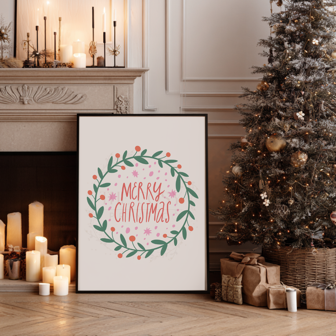 Hand-drawn Christmas wreath print with the text “Merry Christmas” in the centre.
