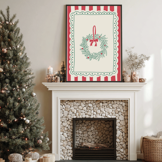 Hand-drawn Christmas wreath print with traditional festive stripes on ColourLok paper.