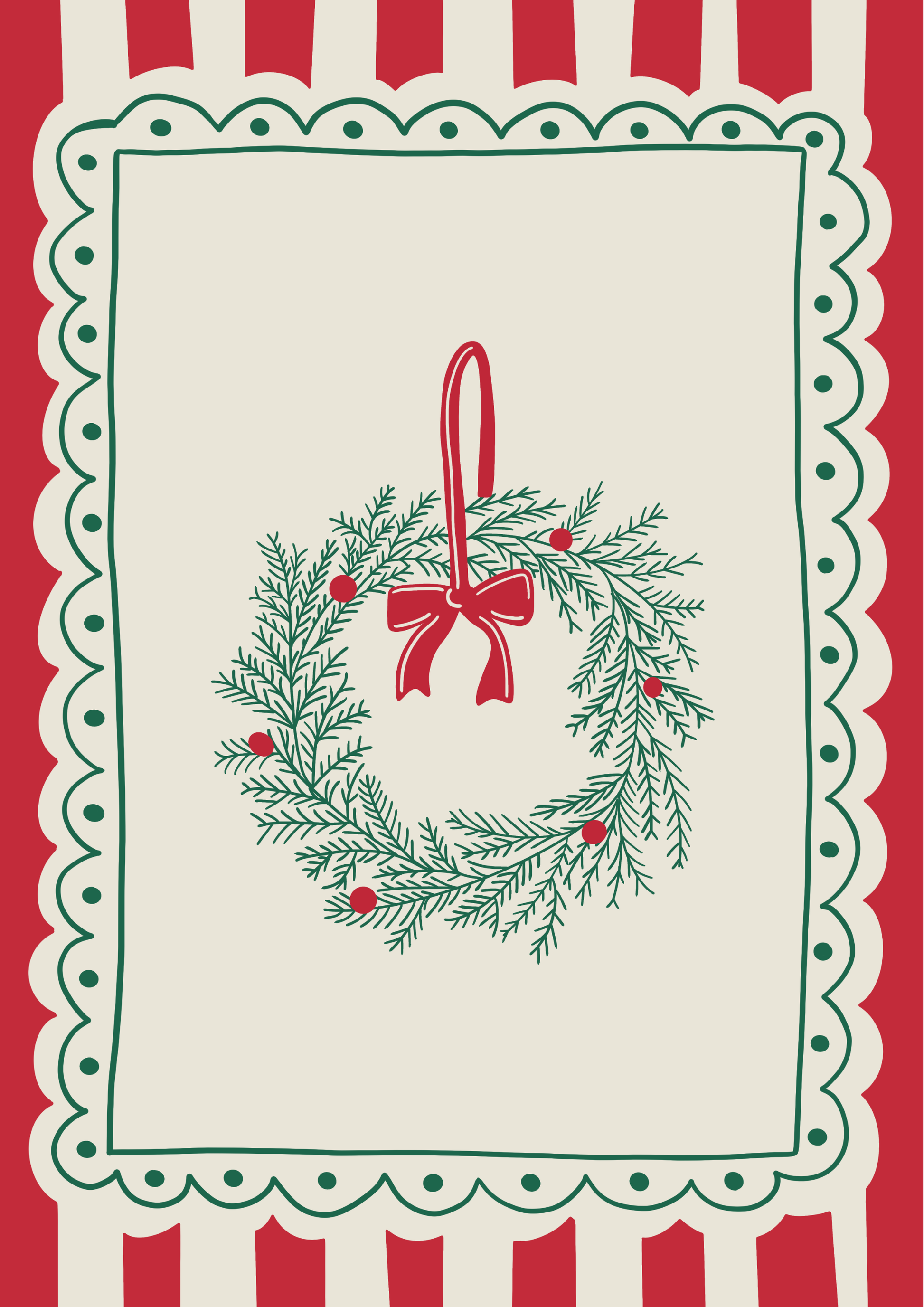 Hand-drawn Christmas wreath print with traditional festive stripes on ColourLok paper.