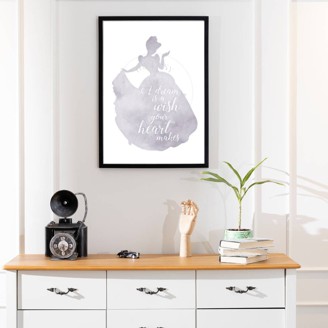 Hand-drawn Cinderella silhouette print with “A dream is a wish your heart makes” quote