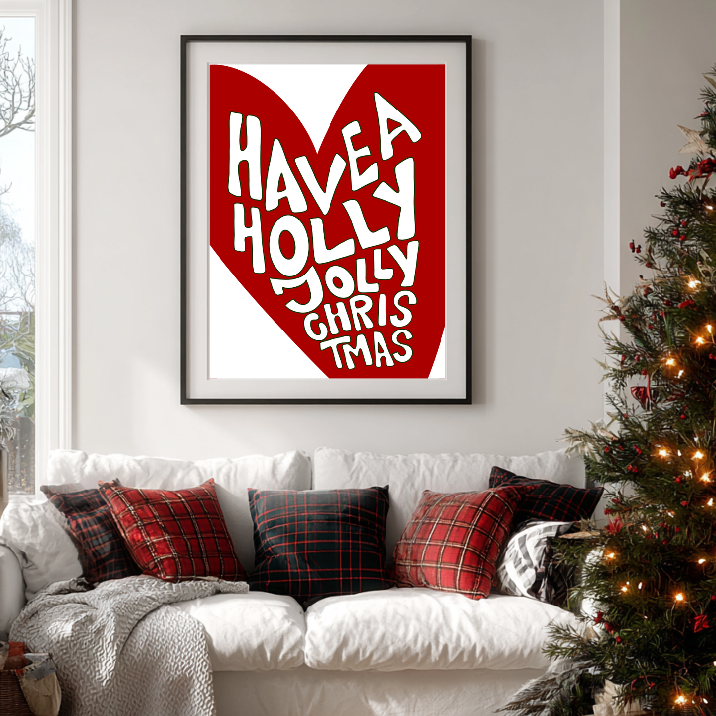 Hand-drawn Holly Jolly Christmas print in a bold love heart on white and red ColourLok paper.