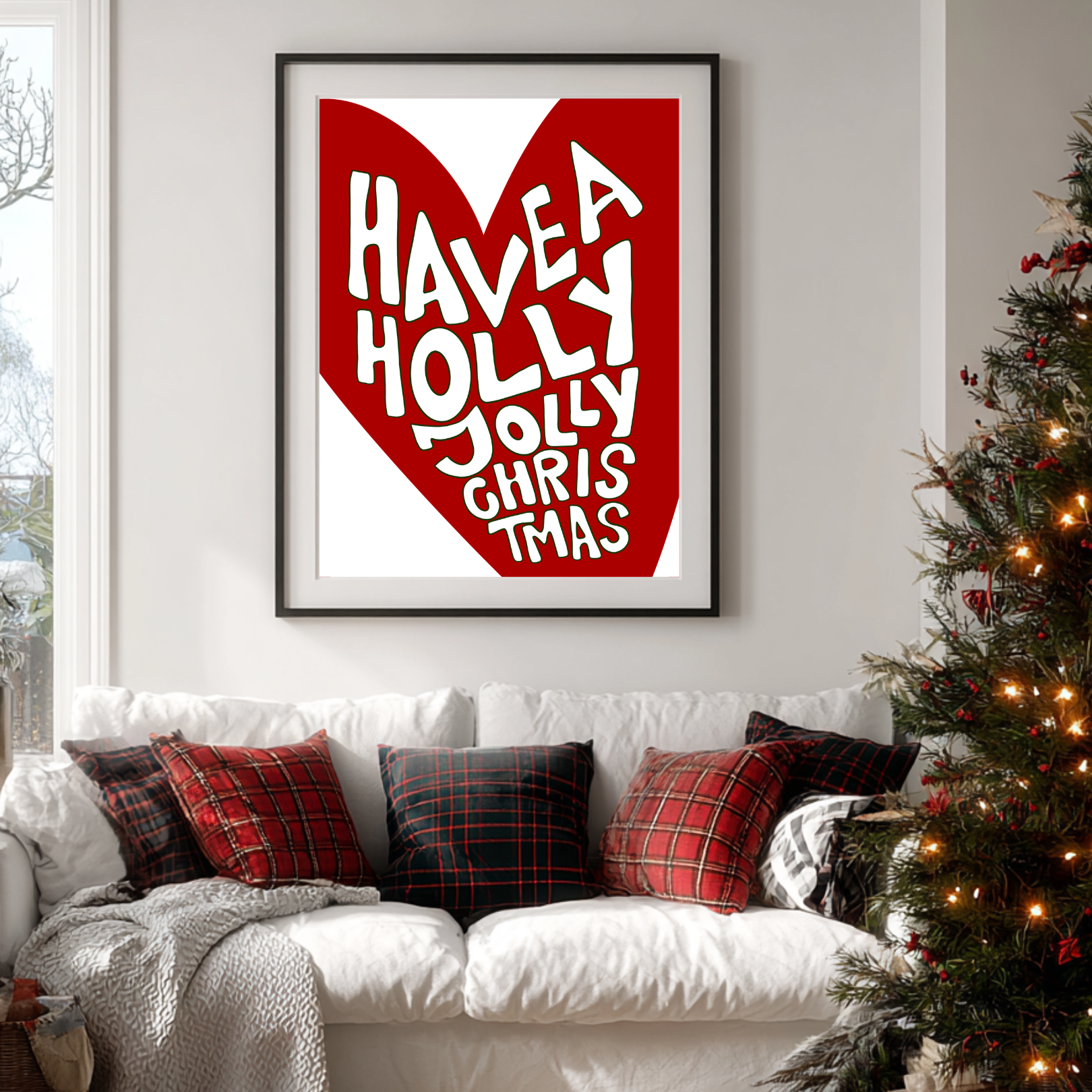 Hand-drawn Holly Jolly Christmas print in a bold love heart on white and red ColourLok paper.