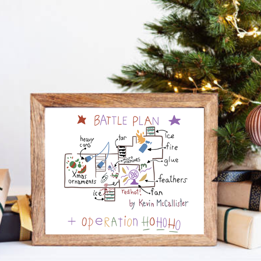 Hand-drawn Home Alone–inspired battle plan print featuring trap layout on ColourLok paper.