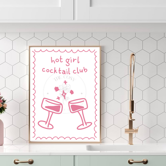 Hand-drawn Hot Girl Cocktail Club print featuring playful sketches of cocktails and fun, stylish lettering