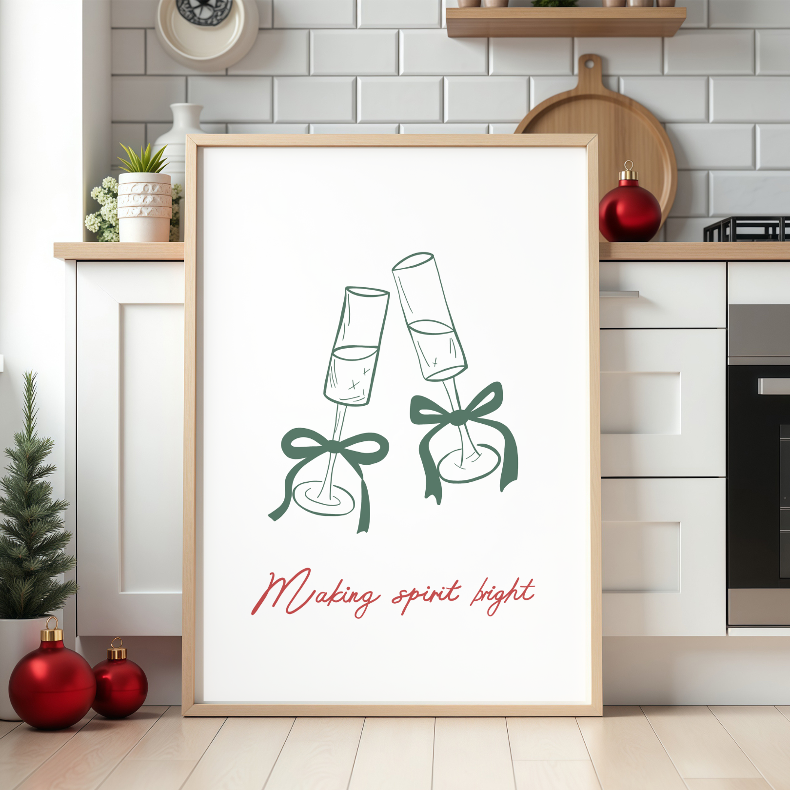 Hand-drawn Making Spirits Bright print with two champagne flutes on ColourLok paper.