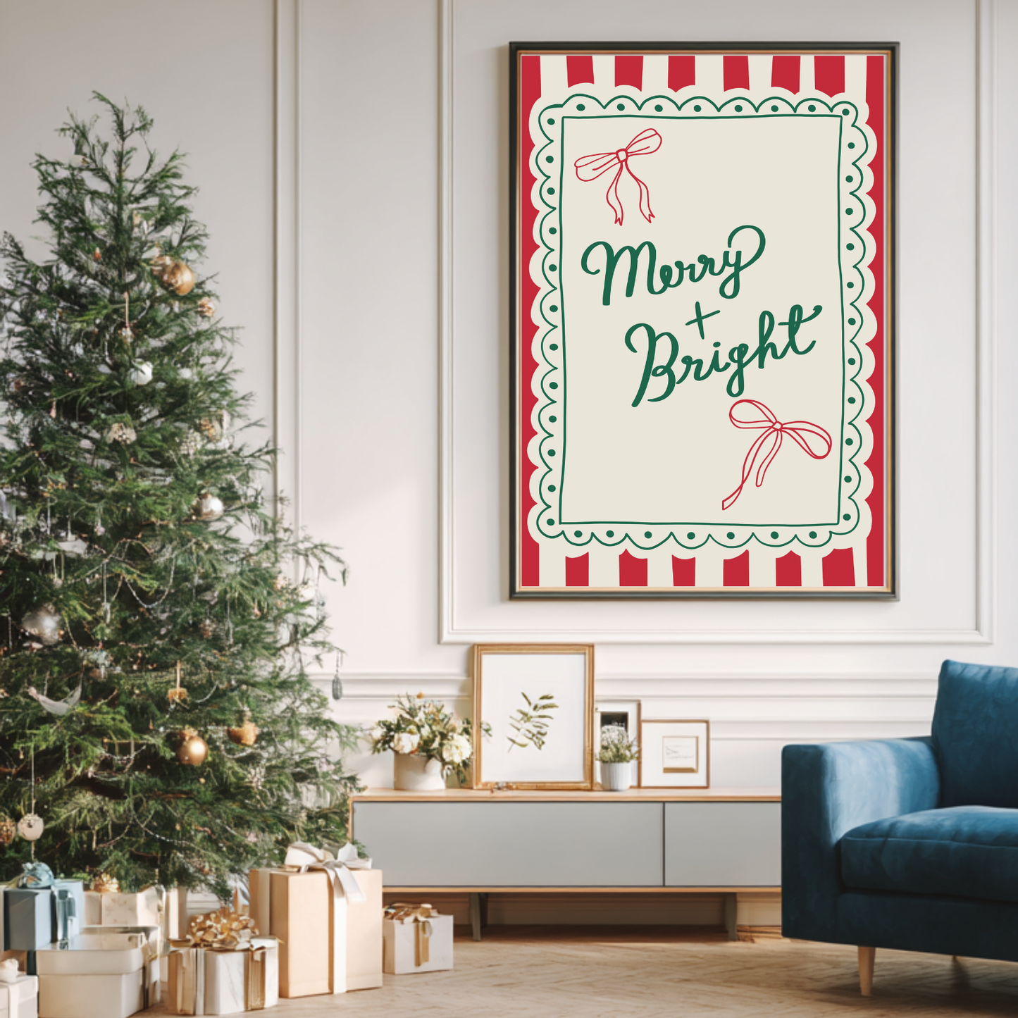 Hand-drawn Merry and Bright Christmas print in traditional festive colours on ColourLok paper.