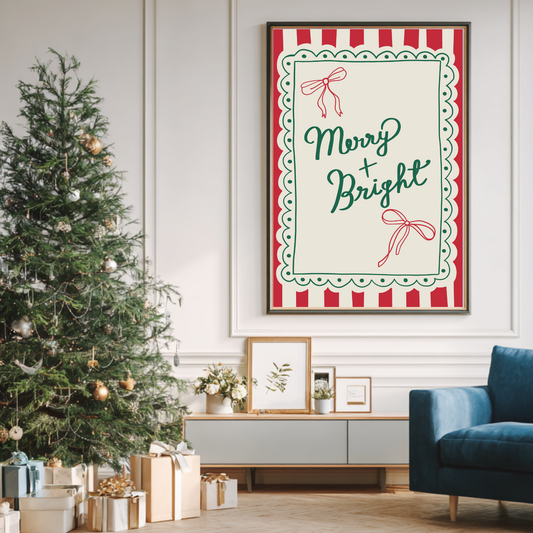 Hand-drawn Merry and Bright Christmas print in traditional festive colours on ColourLok paper.