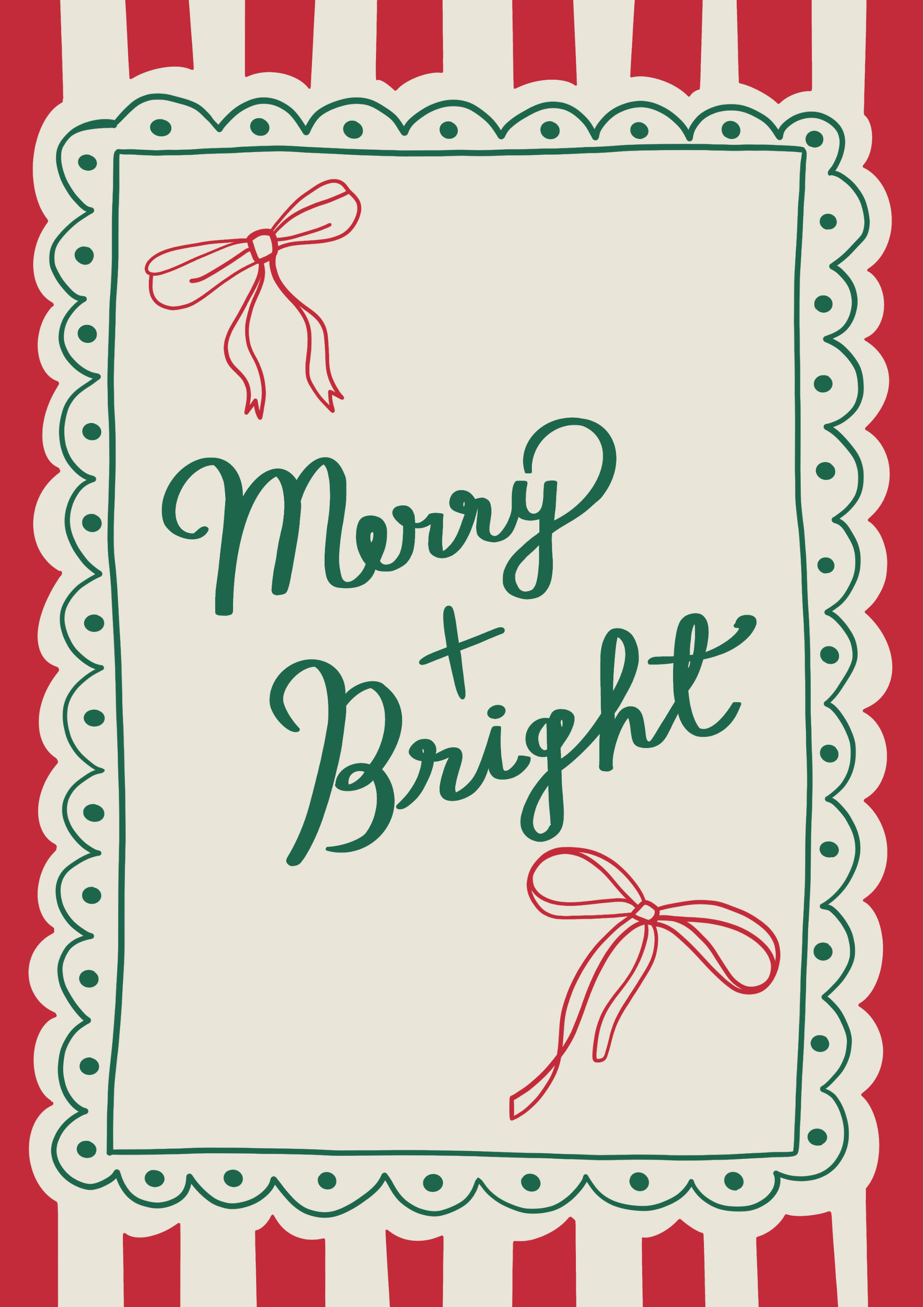 Hand-drawn Merry and Bright Christmas print in traditional festive colours on ColourLok paper.