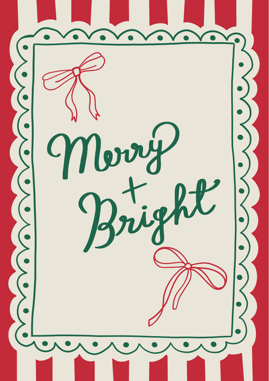 Hand-drawn Merry and Bright Christmas print in traditional festive colours on ColourLok paper.