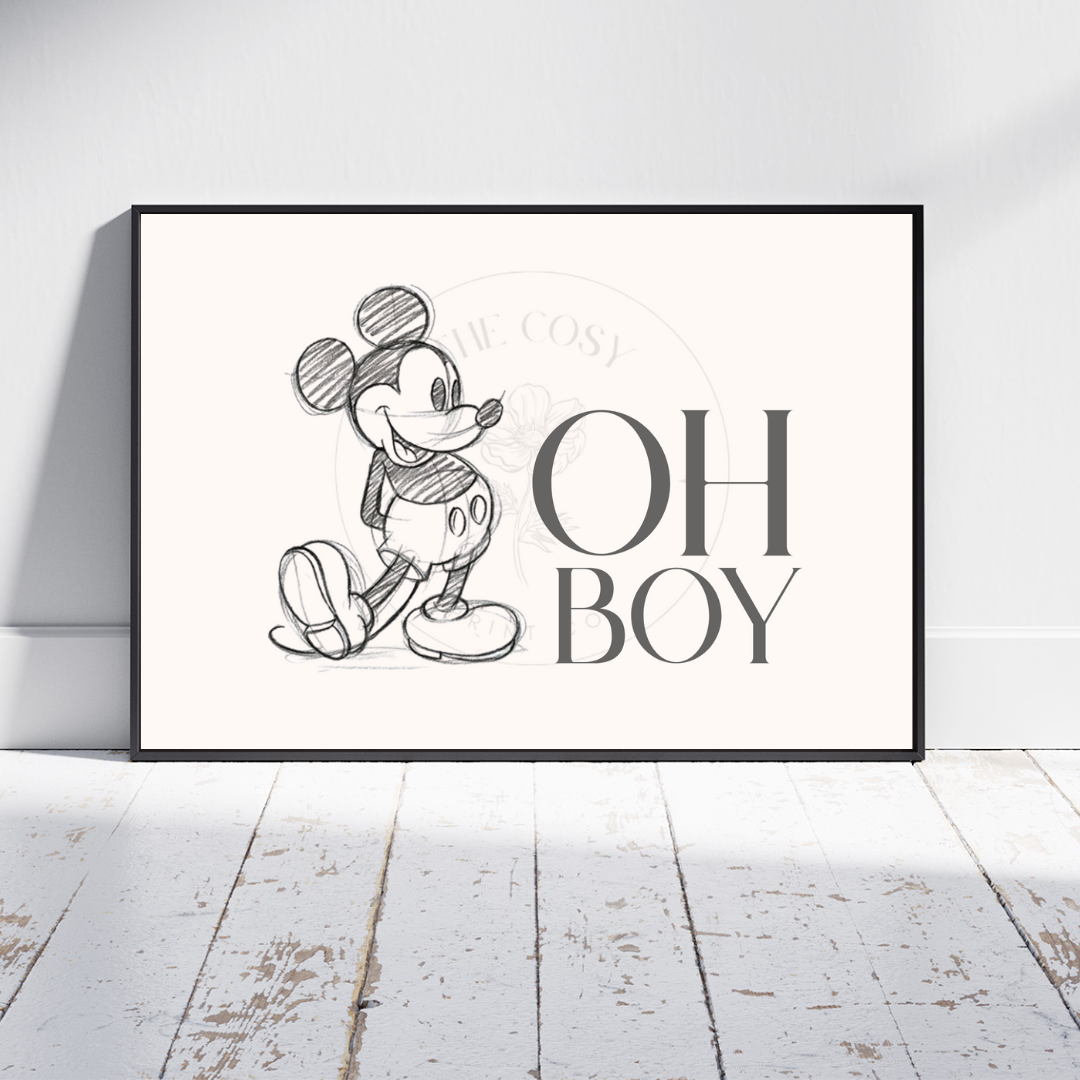 Hand-drawn Mickey Mouse print with "Oh boy!" quote in a fun Disney-inspired style.