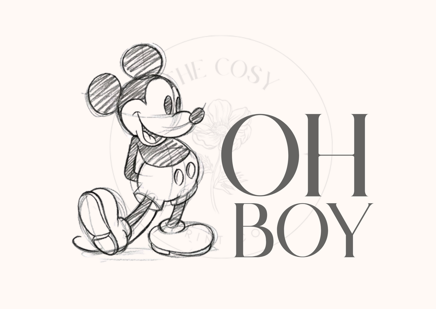 Hand-drawn Mickey Mouse print with "Oh boy!" quote in a fun Disney-inspired style.