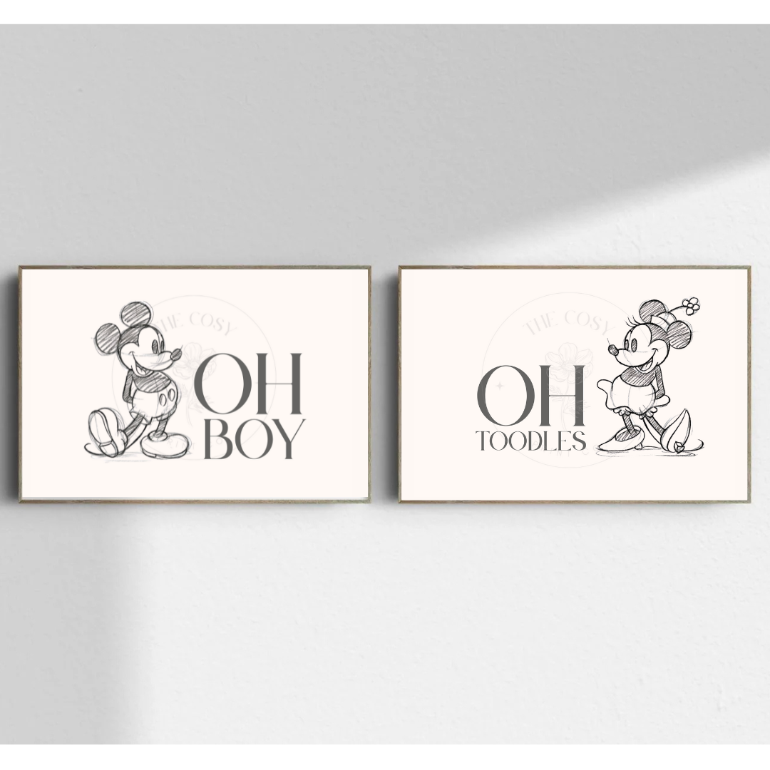 Hand-drawn Mickey and Minnie Mouse “Oh boy!” print bundle displayed as a matching set