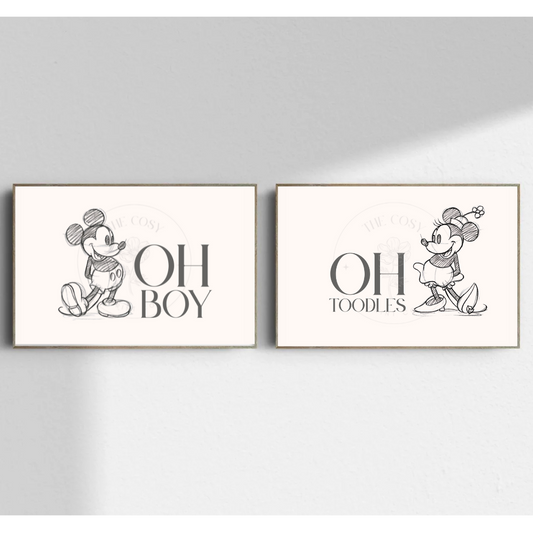 Hand-drawn Mickey and Minnie Mouse “Oh boy!” print bundle displayed as a matching set