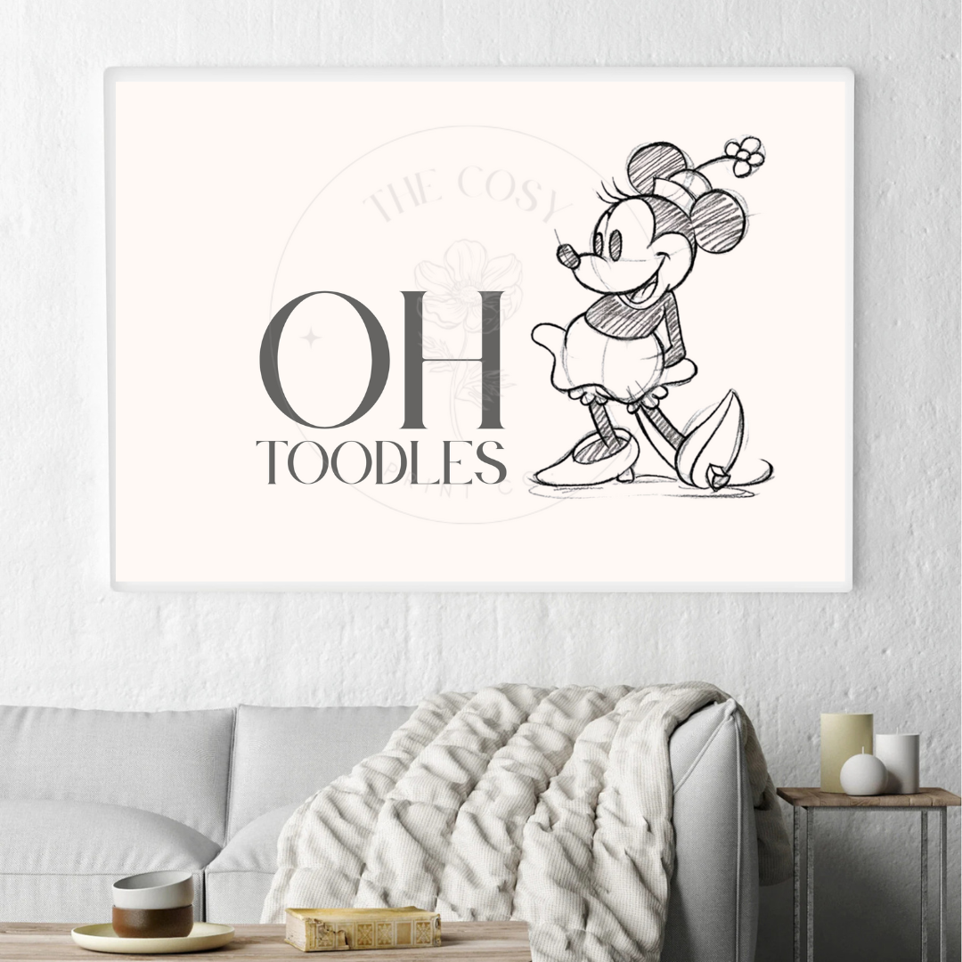 Hand-drawn Minnie Mouse print with "Oh boy!" quote in a playful Disney style.
